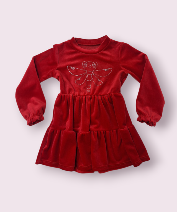 Raudona veliūrinė suknelė mergaitėms su laumžirgiu