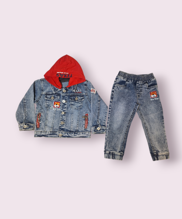 Mėlynas džinsinis komplektas berniukui džinsinis šavarkelis ir džinsai